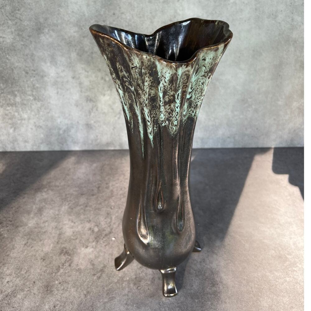Mid century modern Metallic drip glaze ceramic large footed vase vintage unique - Picture 12 of 12